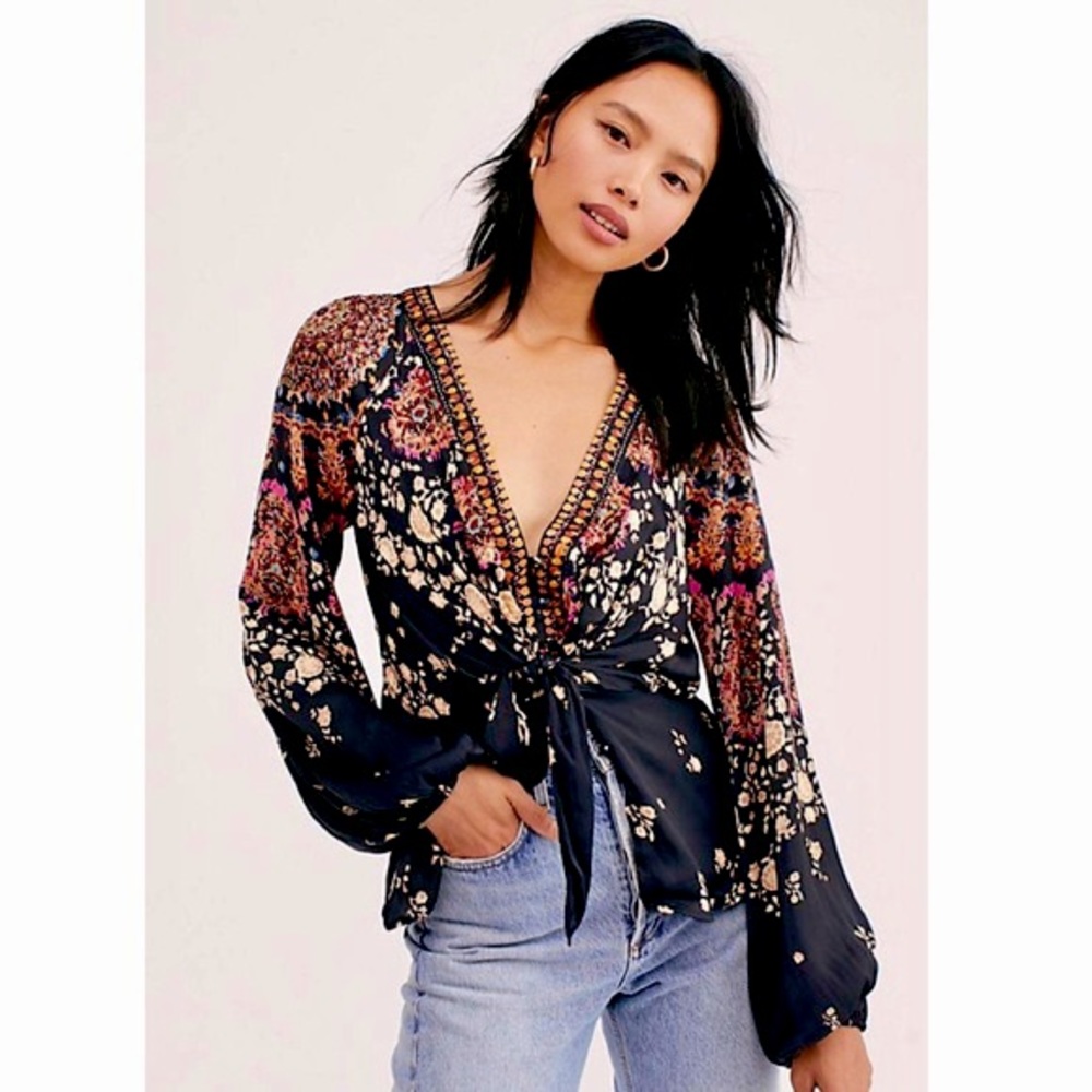 Free People Soft-Satin Run Free Blouse, Sz XS in Black